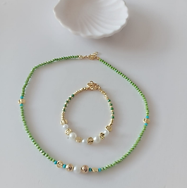 Yeşil Kristal Boncuklu Kolye ve Bileklik Seti
