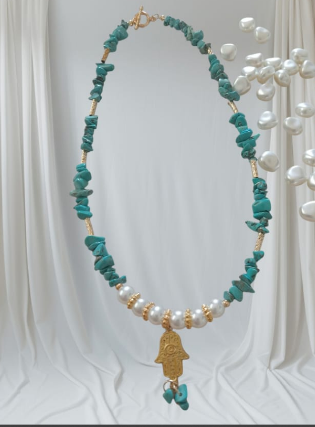 Turkuaz Taşı İnci Detaylı Tasarım Kolye